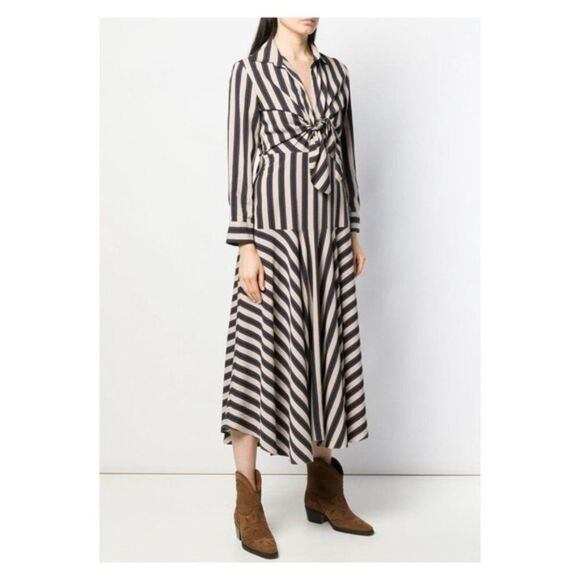 SANDRO Paris VILNA DRESS Striped Beige Collared Long Sleeve Midi Maxi Tie Knot - Picture 2 of 13